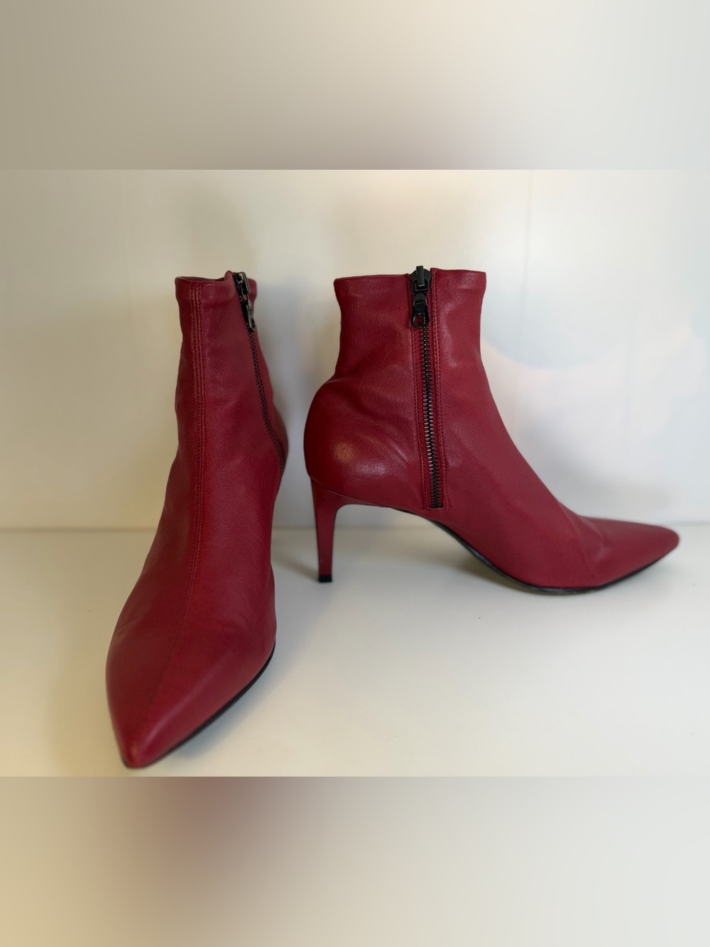 rag & bone Red Pointed-Toe Leather Ankle Boots with Side Zipper
